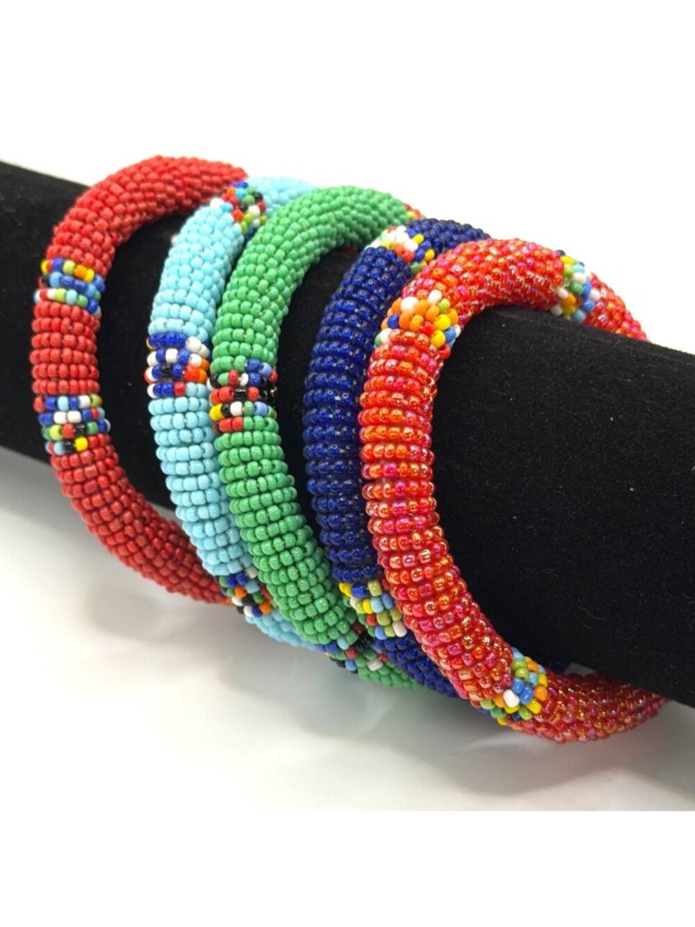 Handcrafted African Beaded Bangle Bracelets Stacked Seed Bead Sliders Set Lot 5
